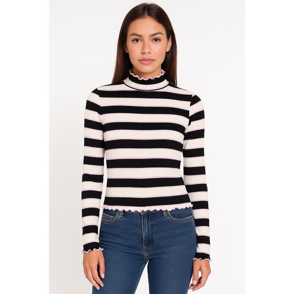 Juicy Couture Black White Pink Stripe Lettuce Hem Mock Neck Top L